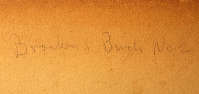 Note on the reverse of the Tennant painting 'Bracken & Birch No.2'