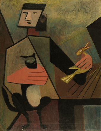 Figure, Cat & Bird — Dorothy Annan — Oil on canvas painting