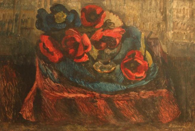 Poppies & Roses — Dorothy Annan — Oil on hardboard painting (1945)