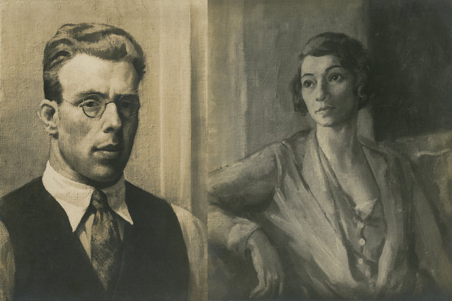 Old prints of photographs of Trevor's self portrait and his painting of Dorothy, scanned and positioned side by side
