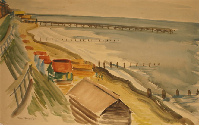 Beach Huts & Breakwaters — Trevor Tennant — Watercolour on paper painting (1938)