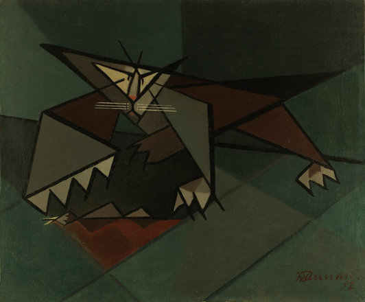 Cat with Prey — Dorothy Annan — Oil on canvas painting (1952)