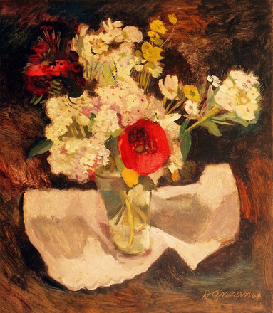 Bouquet in Clear Vase — Dorothy Annan — Oil on hardboard painting (1943)