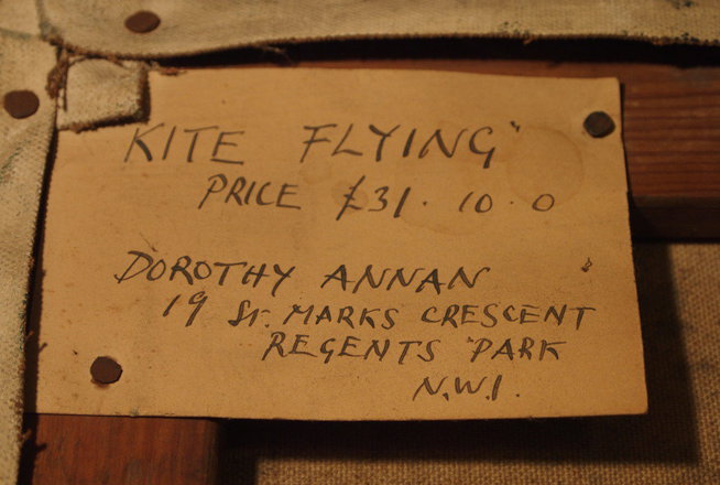 Label on the reverse on the Annan oil painting 'Kite Flying'