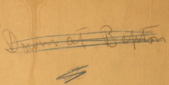 Note on the reverse of the Tennant painting 'Dawn At Bepton'