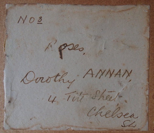 Label on the reverse of the Annan oil painting 'Roses'