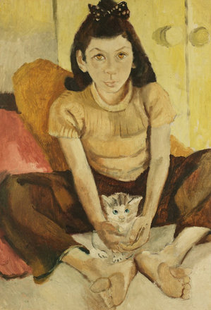 Susan & Kitten — Dorothy Annan — Oil on hardboard painting