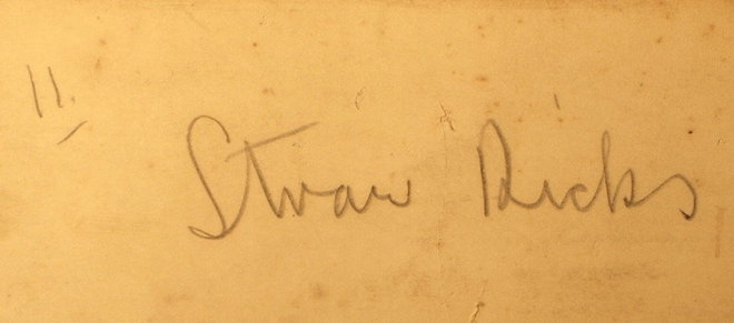 A note on the reverse of the Tennant painting 'Straw Ricks'