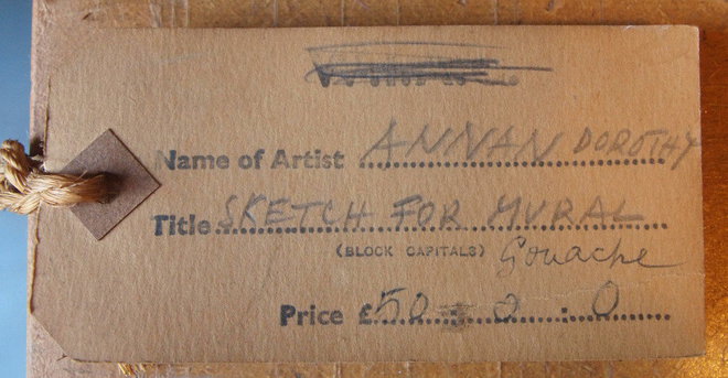 Label attached to the reverse of the Dorothy Annan gouache on hardboard painting 'Sketch for Mural'