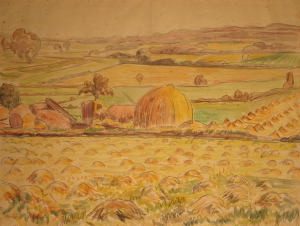 Harvest in Sussex — Trevor Tennant — Watercolour on paper painting (1933)