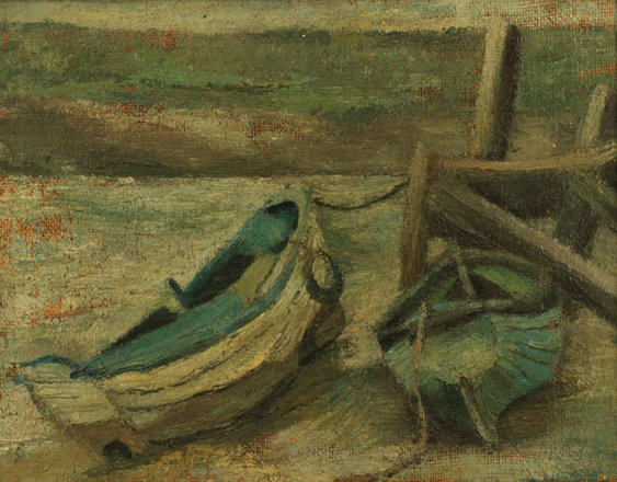 Skiffs at Low Tide — Trevor Tennant — Oil on canvas painting